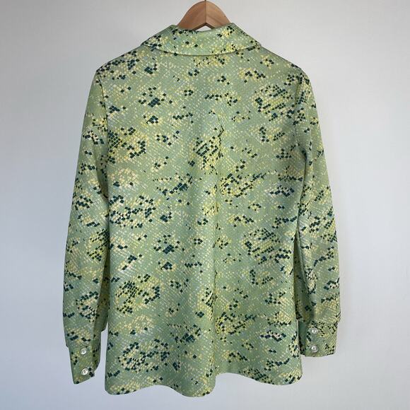Vintage 70s Dagger Collar Green Snakeskin Disco Shirt / Sz L/XL / Retro Handmade - Picture 2 of 9